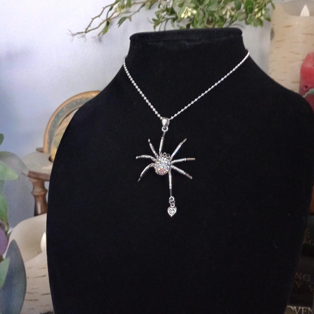 Silver Tone Spider Pendant Necklace
